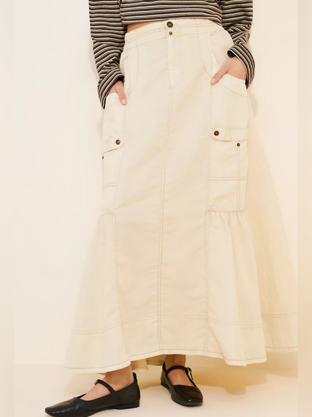 Free People Grunge 90s Cargo Rough Riding Maxi Skirt Birch Neutral Large Bella - Picture 8 of 13